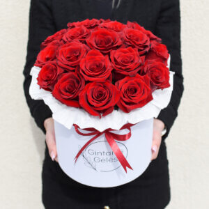 Raudonos rožės dėžutėje gėlės gimtadienio proga
