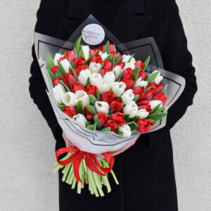 Raudonos ir baltos tulpės puokštėje gimtadienio gėlės