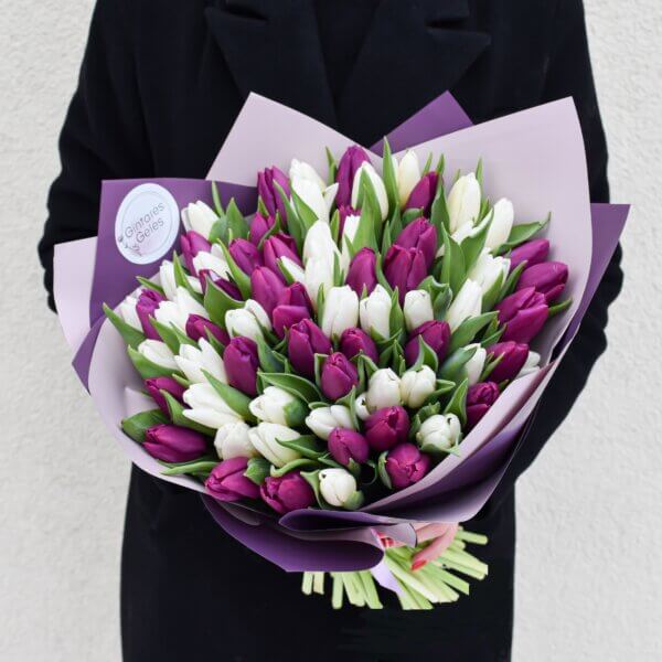 Tulpių puokštė violetinės ir baltos spalvos gėlės merginai