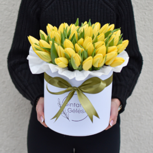 Geltonos tulpės dėžutėje gėlės kovo 8 dienai