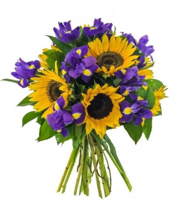 Melyni irisai ir saulėgrąžos gėlių puokštės