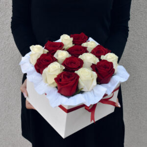 Red and white roses in a square box