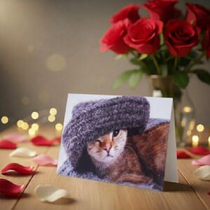 Atvirukas prie gėlių su mielu katinėliu