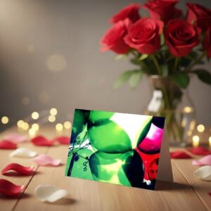 Atvirukas prie gėlių spalvingi balionai