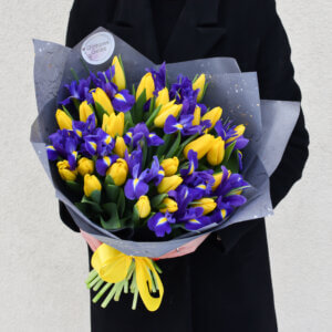 Ryški geltonų tulpių ir mėlynų irisų puokštė gimtadienio gėlės
