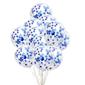 Guminis permatomas helio balionas su mėlynais konfeti