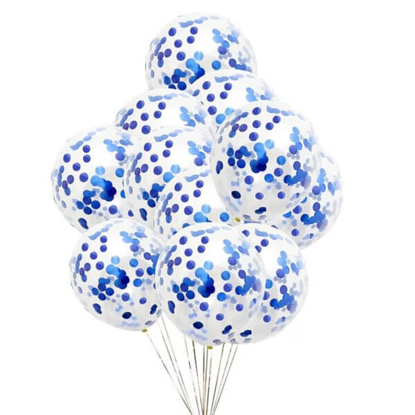 Guminis permatomas helio balionas su mėlynais konfeti