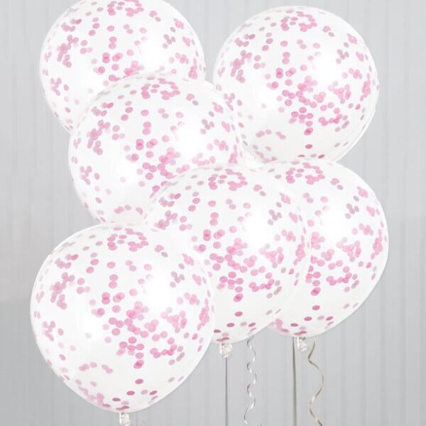 Guminis permatomas helio balionas su rožiniais konfeti