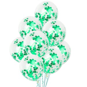 Guminis permatomas helio balionas su žaliais konfeti