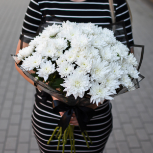 Baltos chrizantemos puokštėje gėlės gedului