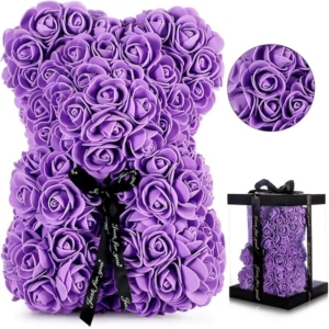 Dovana gimtadienio proga violetinis rožių meškiukas dėžutėje